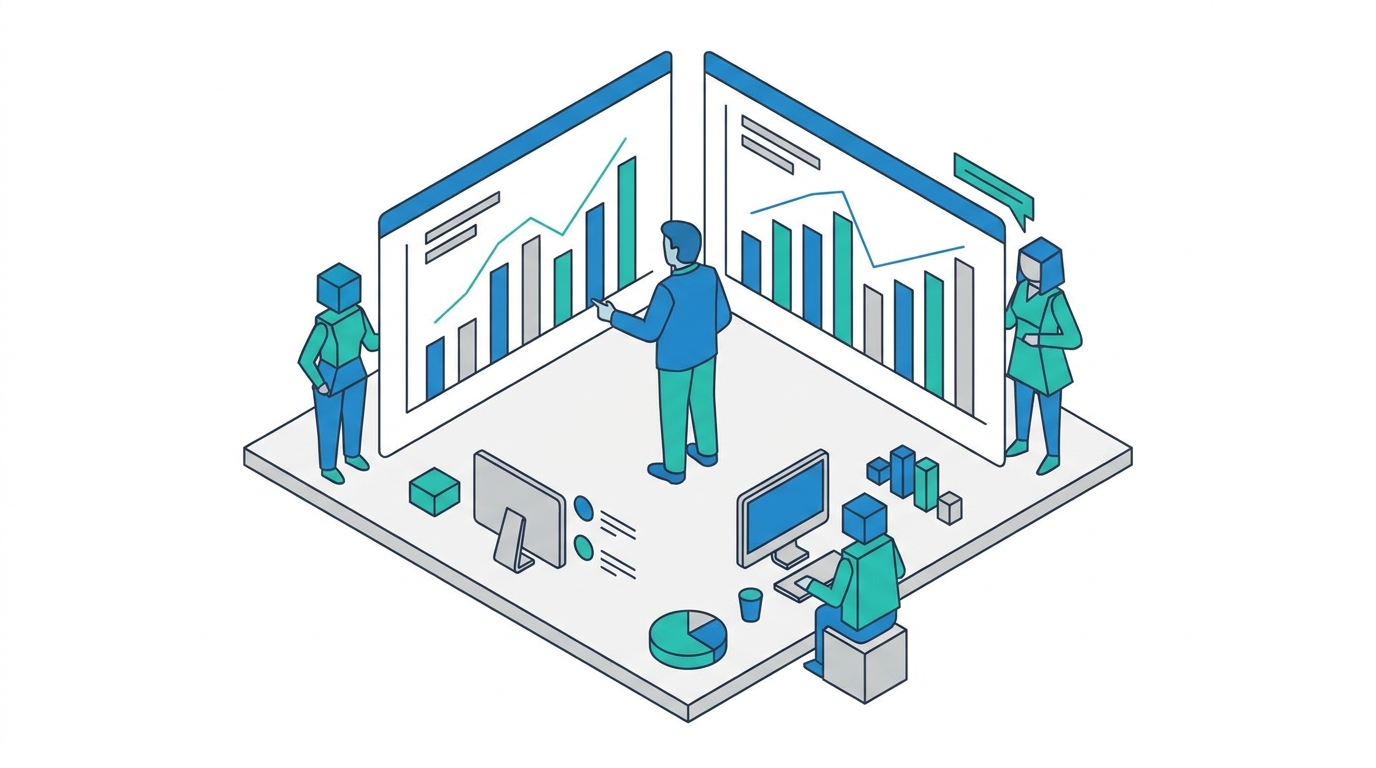 Analyst comparing prompt results, citations, and conversion charts on screens