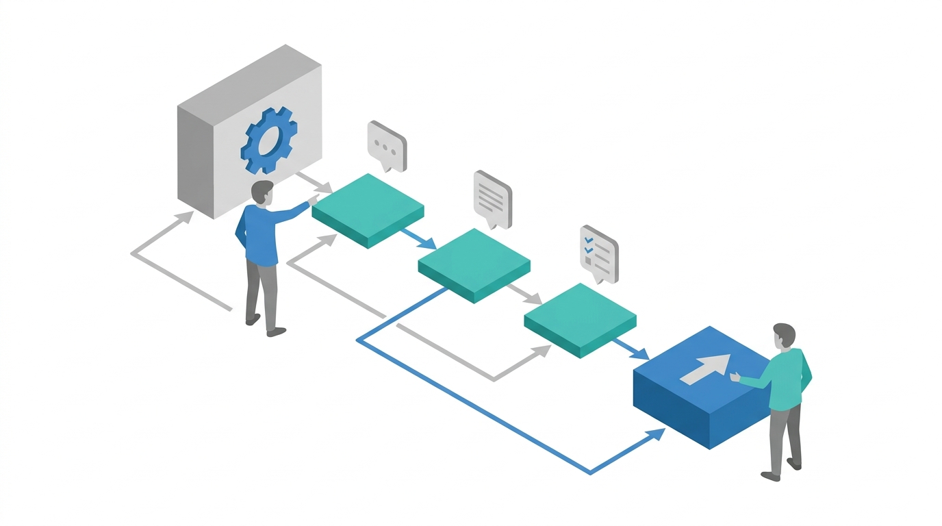 Team planning an AI visibility workflow with question cards and software dashboard blocks