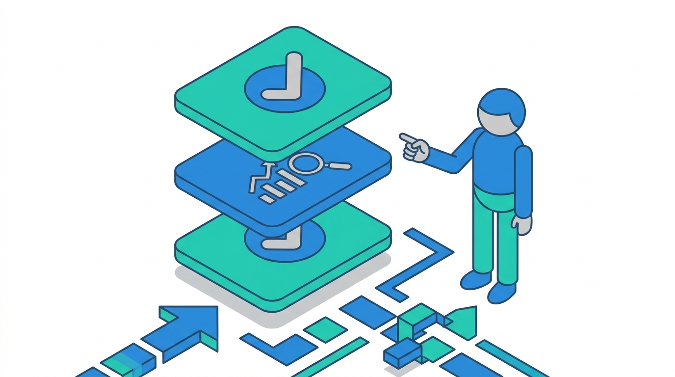 Minimal business illustration of three stacked content layers with icons for answer, proof, and details