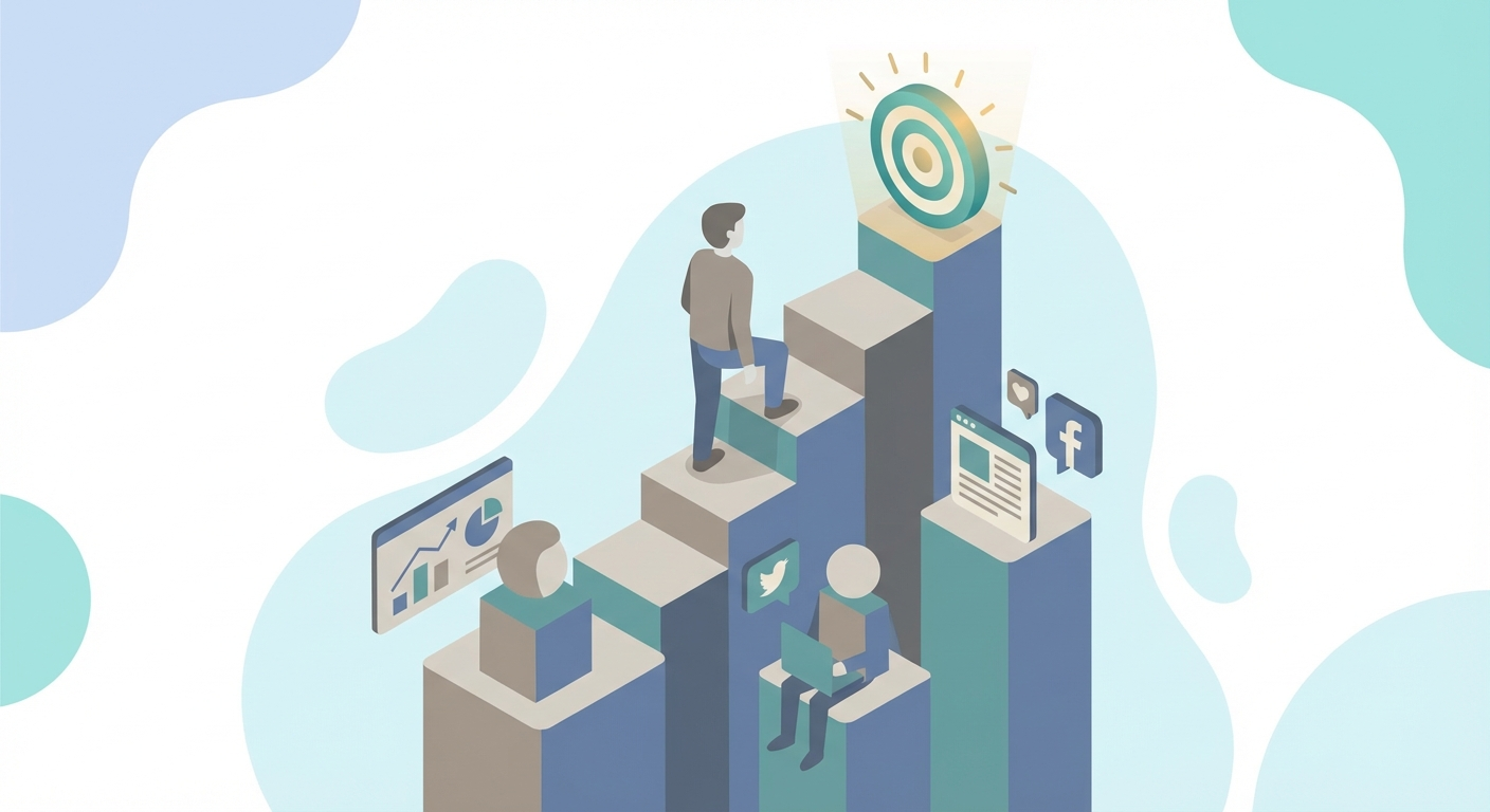 Person climbing a stepped roadmap staircase toward a clear goal