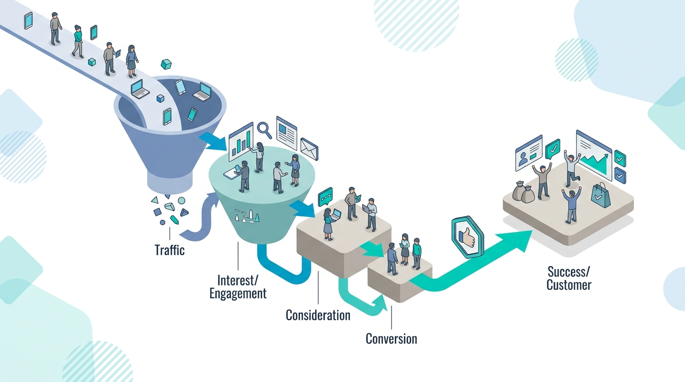 Flat isometric illustration of a digital marketing funnel showing high-quality AI-referred visitors converting at the bottom