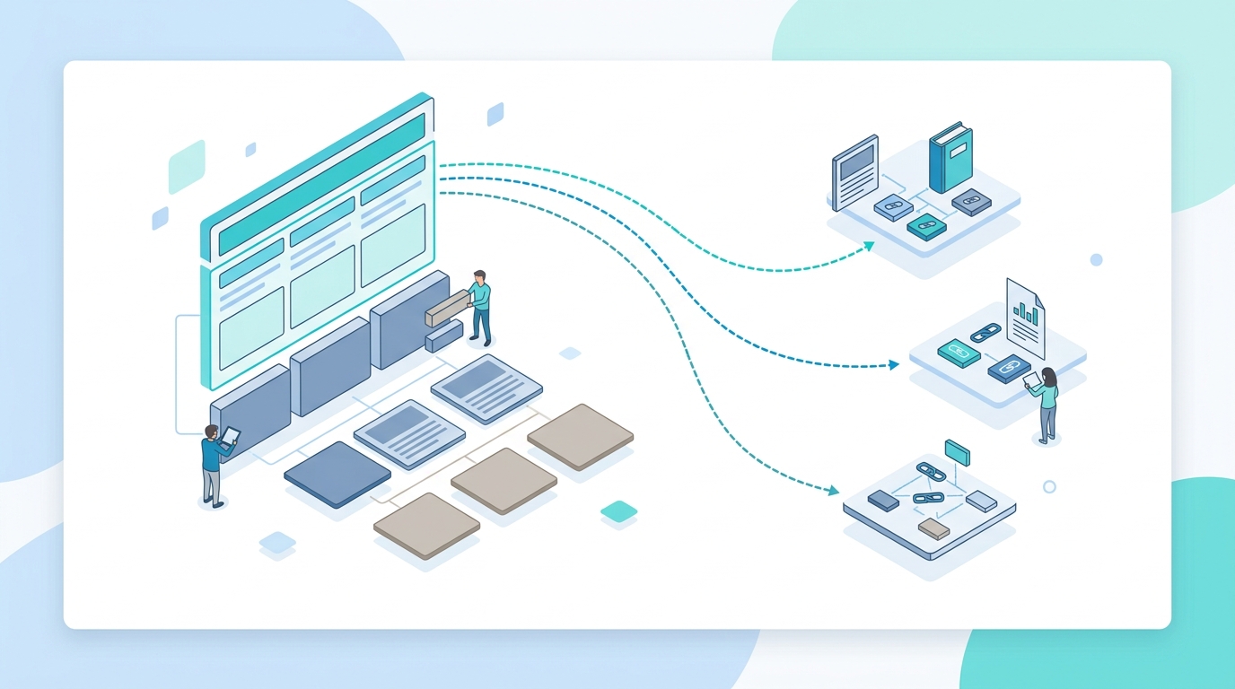 Flat isometric illustration of a web page with the first section highlighted, showing content structure and citation links going outward