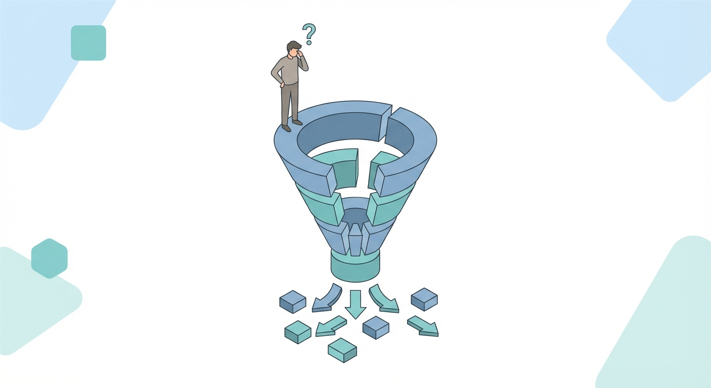 Person standing at a broken funnel with missing sections, looking at a gap in the middle stages