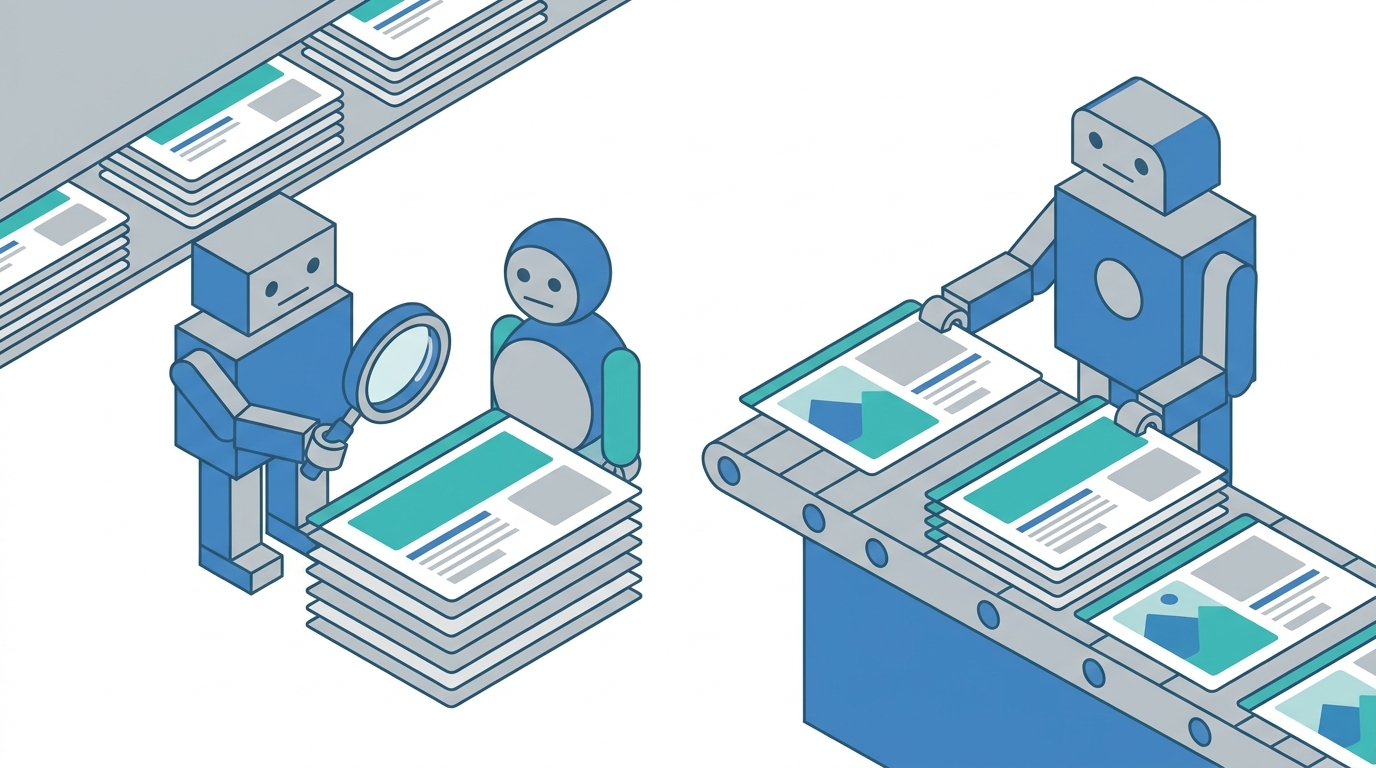 robot reviewing website cards