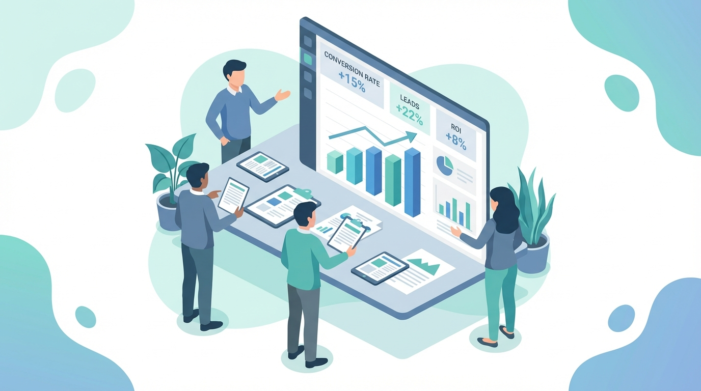Team analyzing report with upward conversion trend