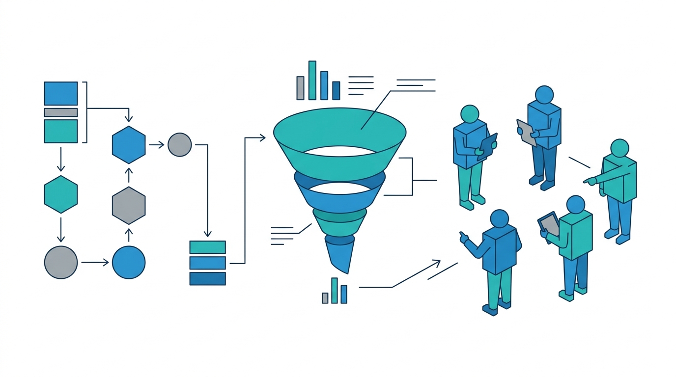 Citation charts flowing into a lead funnel and conversions dashboard