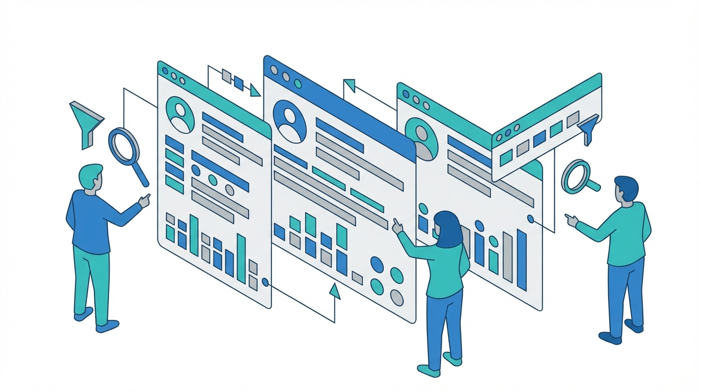Marketer reviewing a personalized search results dashboard with segmented audience cards