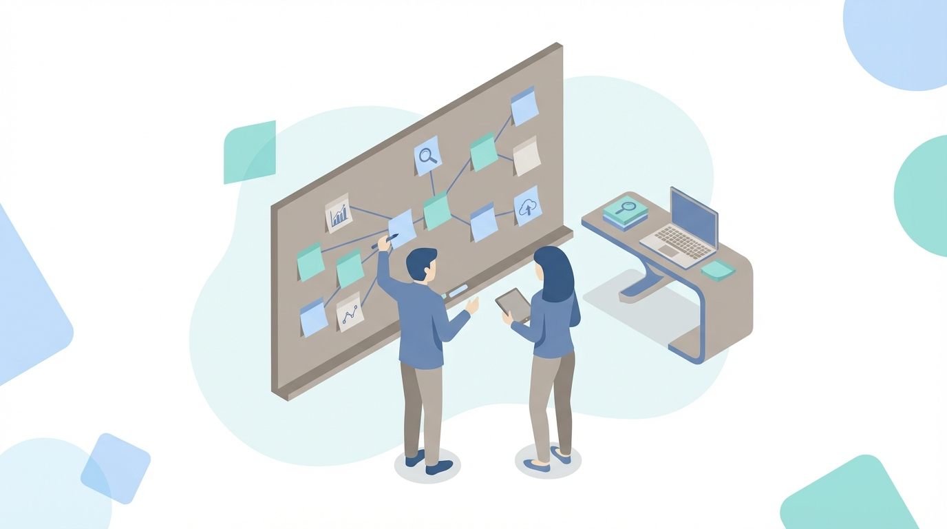 Marketing team mapping AEO content strategy on a visual board with topic clusters