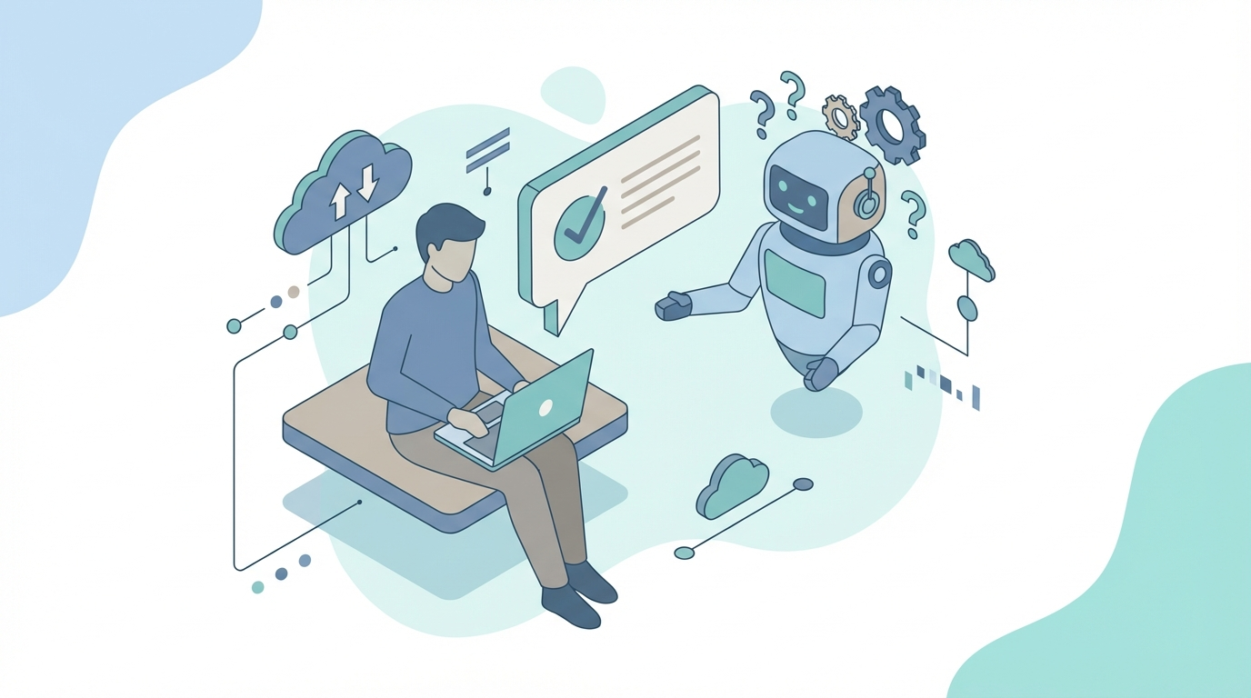 FAQ section: person consulting an AI assistant interface with question bubbles and structured answers