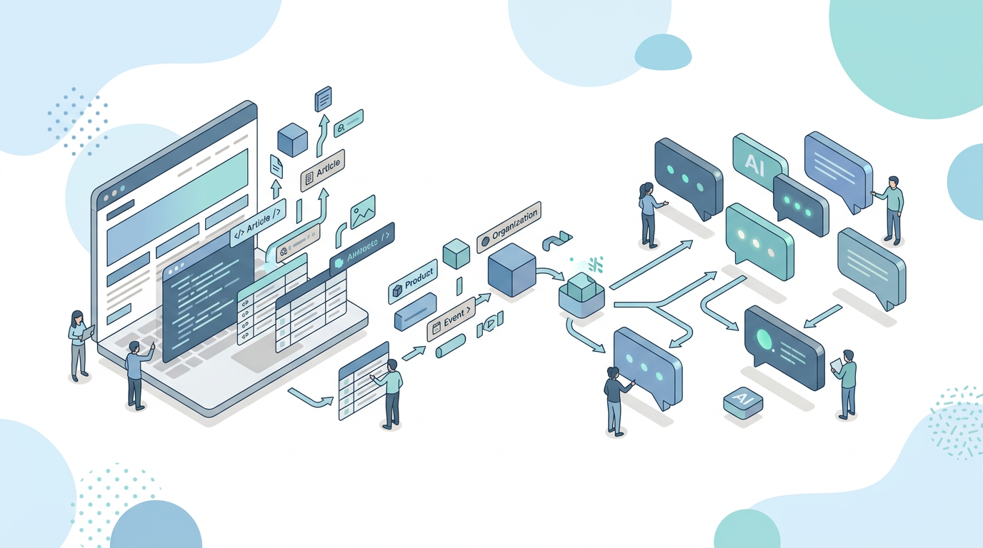 Structured data and schema flowing from a website into AI chat bubbles