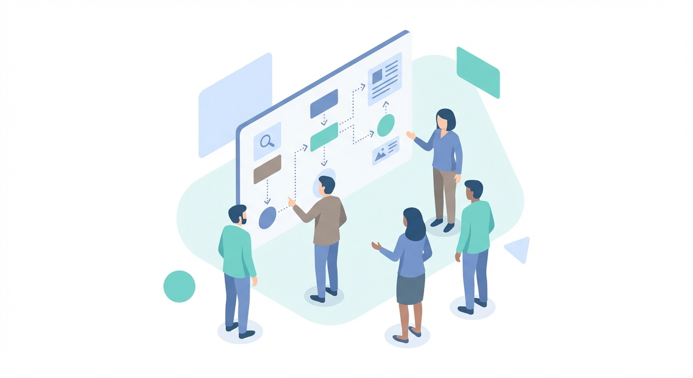 Agency team gathered around a digital strategy board with AI search flowchart and content nodes connected by dotted lines, flat isometric illustration