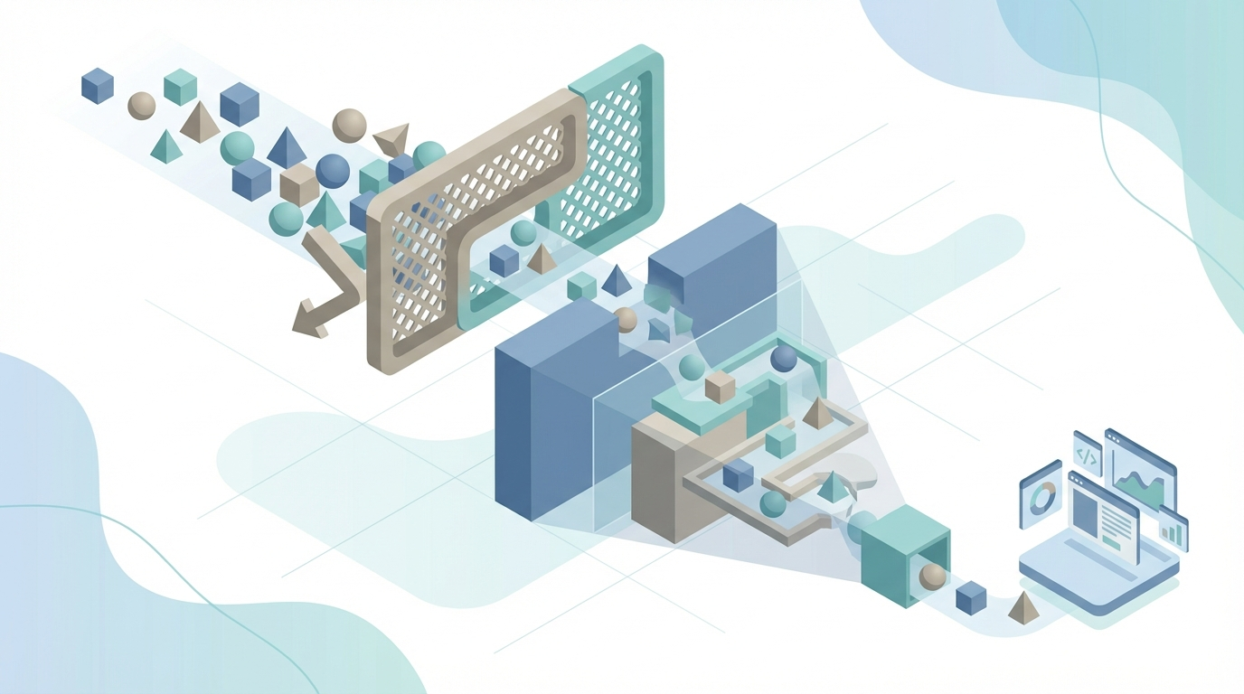 Diagram showing website traffic flowing through an AI filter layer before reaching users