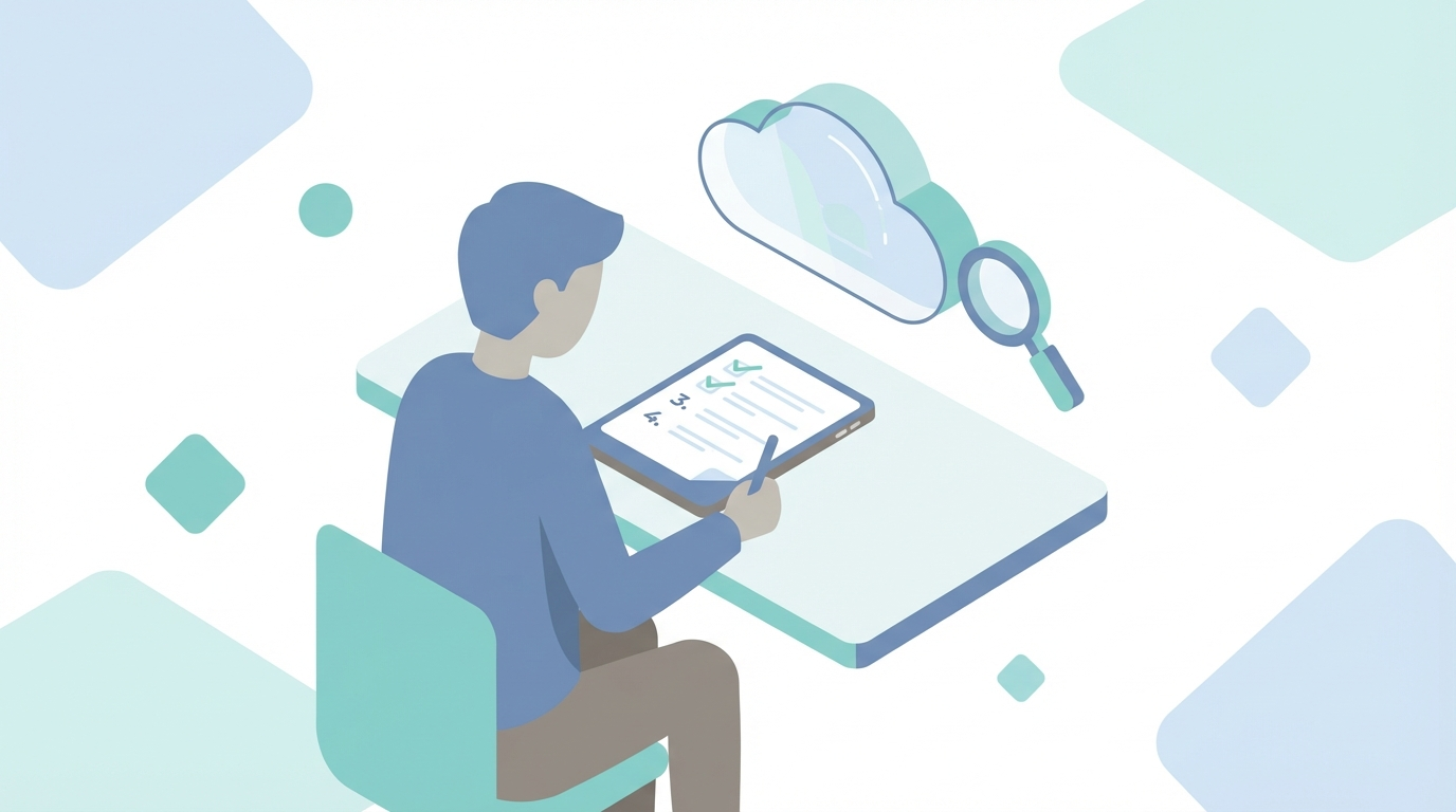 Illustration showing person reviewing structured FAQ document with checklist at a desk