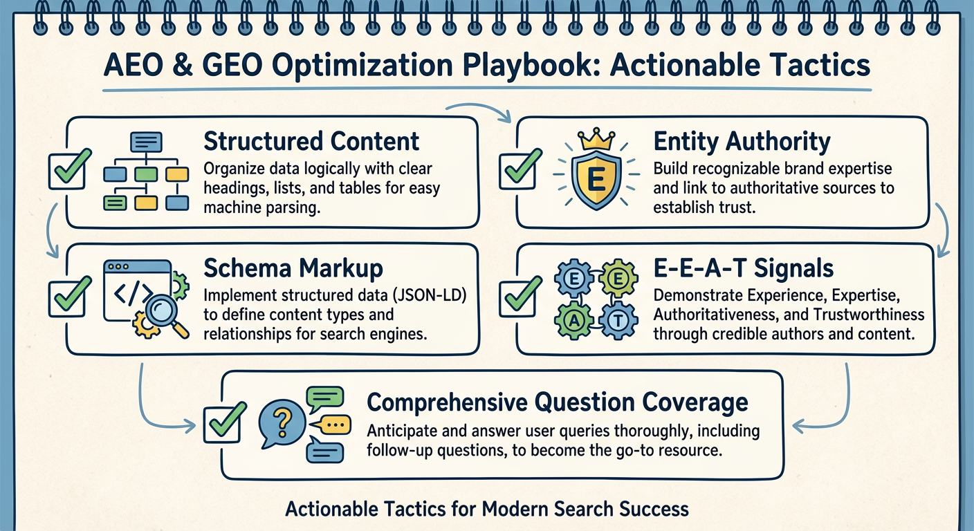 Strategic diagram showing AEO and GEO optimization tactics and workflows