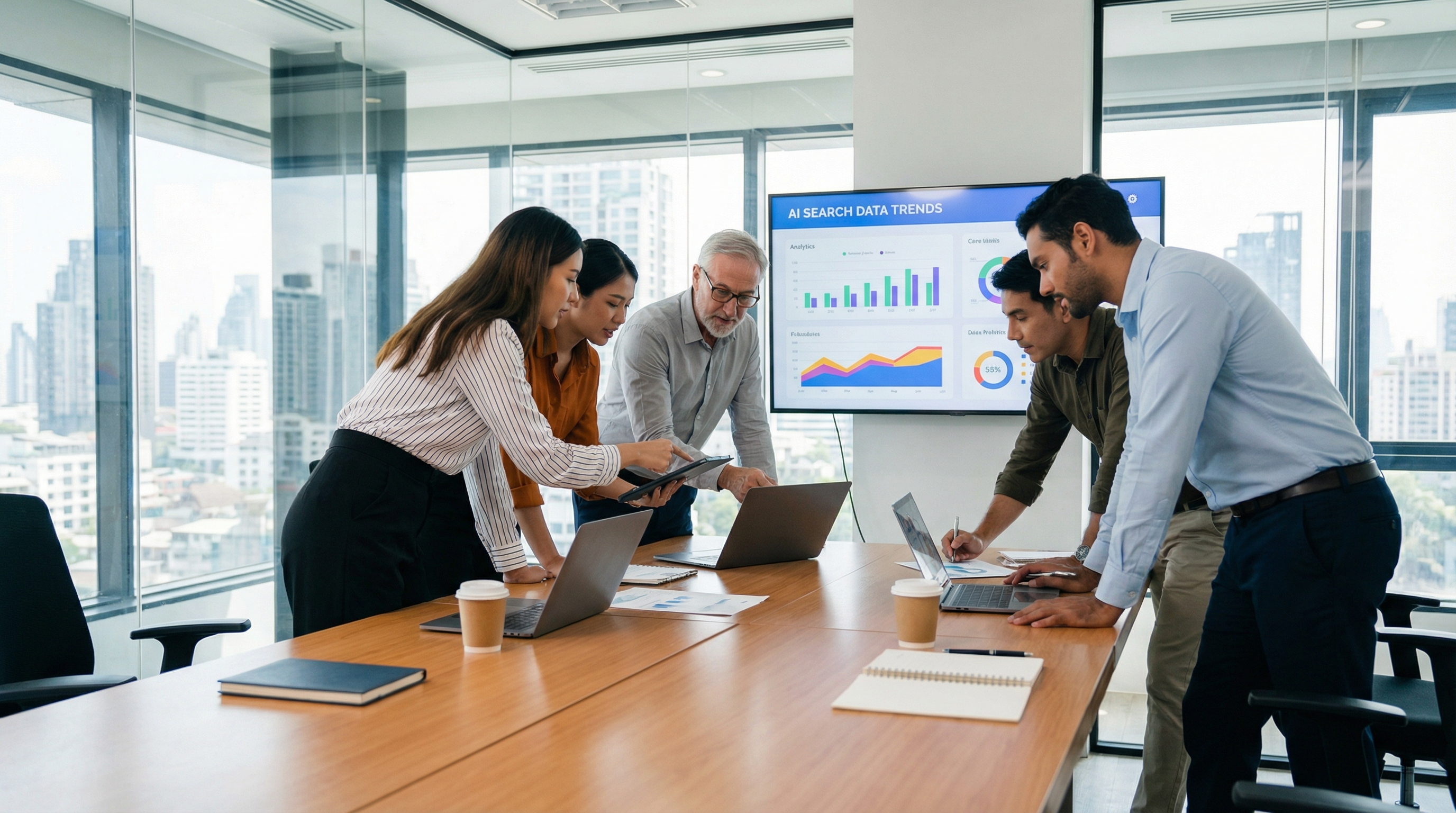 Team of marketing professionals collaborating on AI search strategy around a conference table
