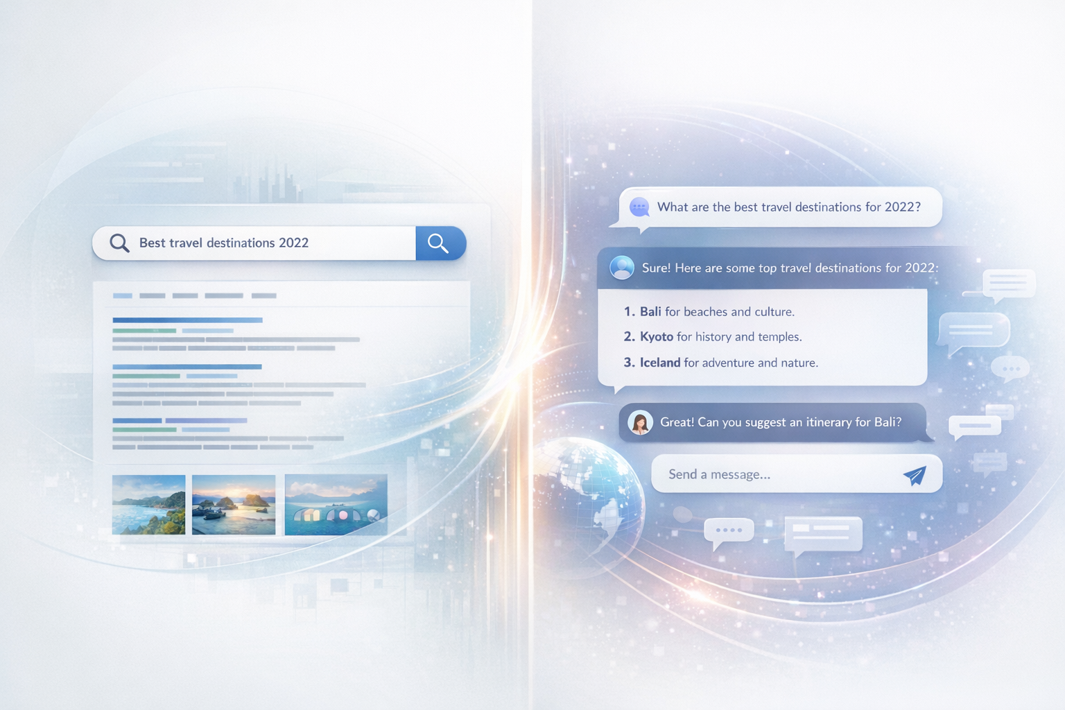 Traditional search versus AI chat interfaces showing the convergence of search paradigms