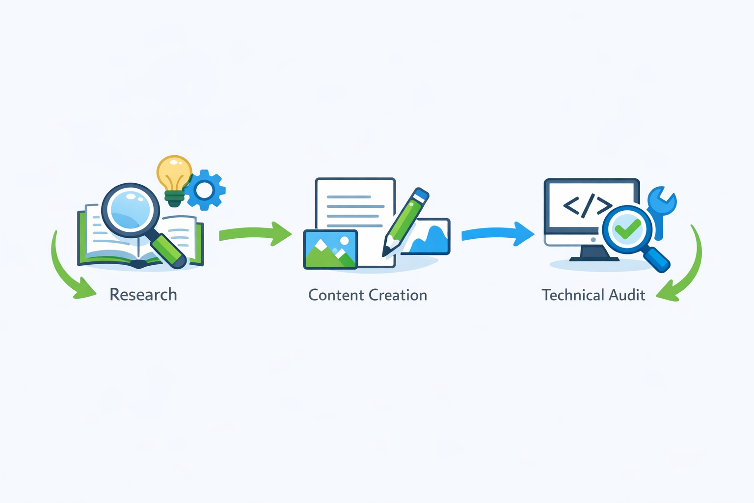 SEO workflow showing research, content creation, and technical audit stages