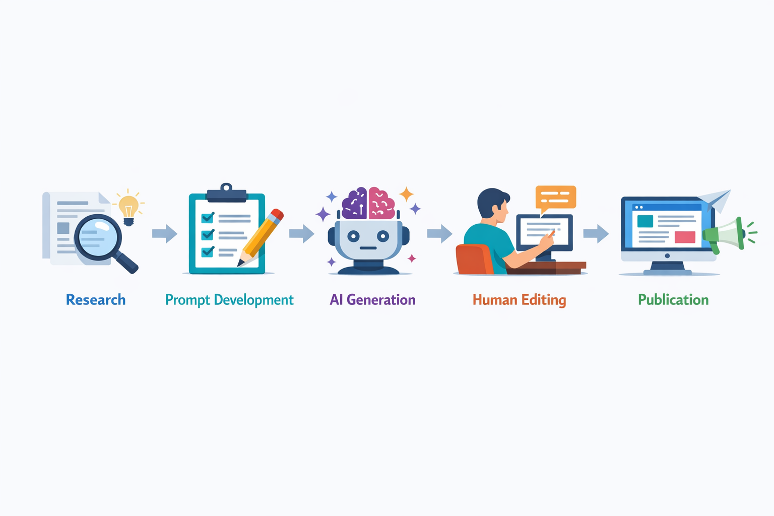 AI content workflow: Research, Prompt Development, AI Generation, Human Editing, Publication