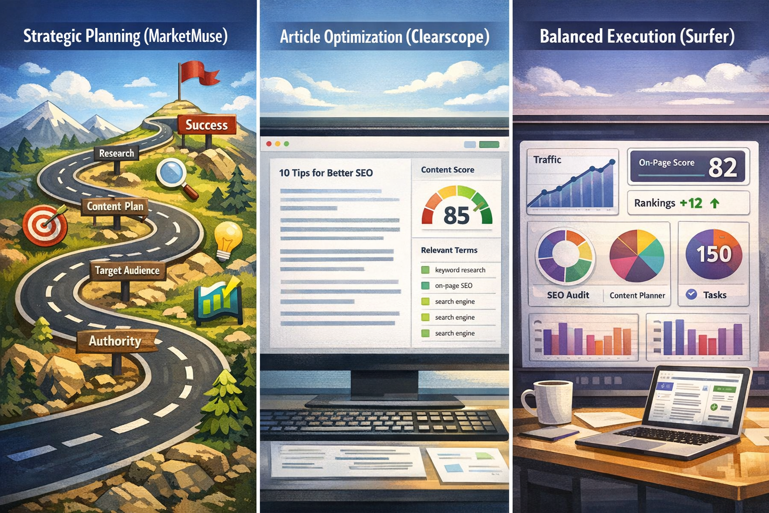 Comparison of strategic planning with MarketMuse, article optimization with Clearscope, and balanced execution with Surfer SEO