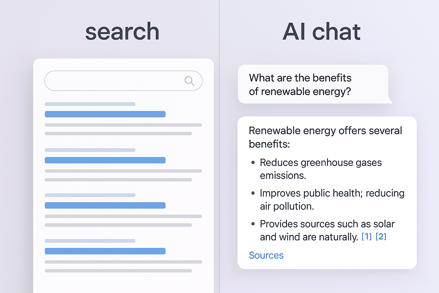 Traditional search results vs AI chat with citations