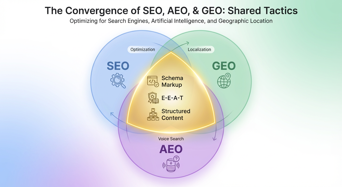 Diagram comparing AEO and GEO approaches to search optimization