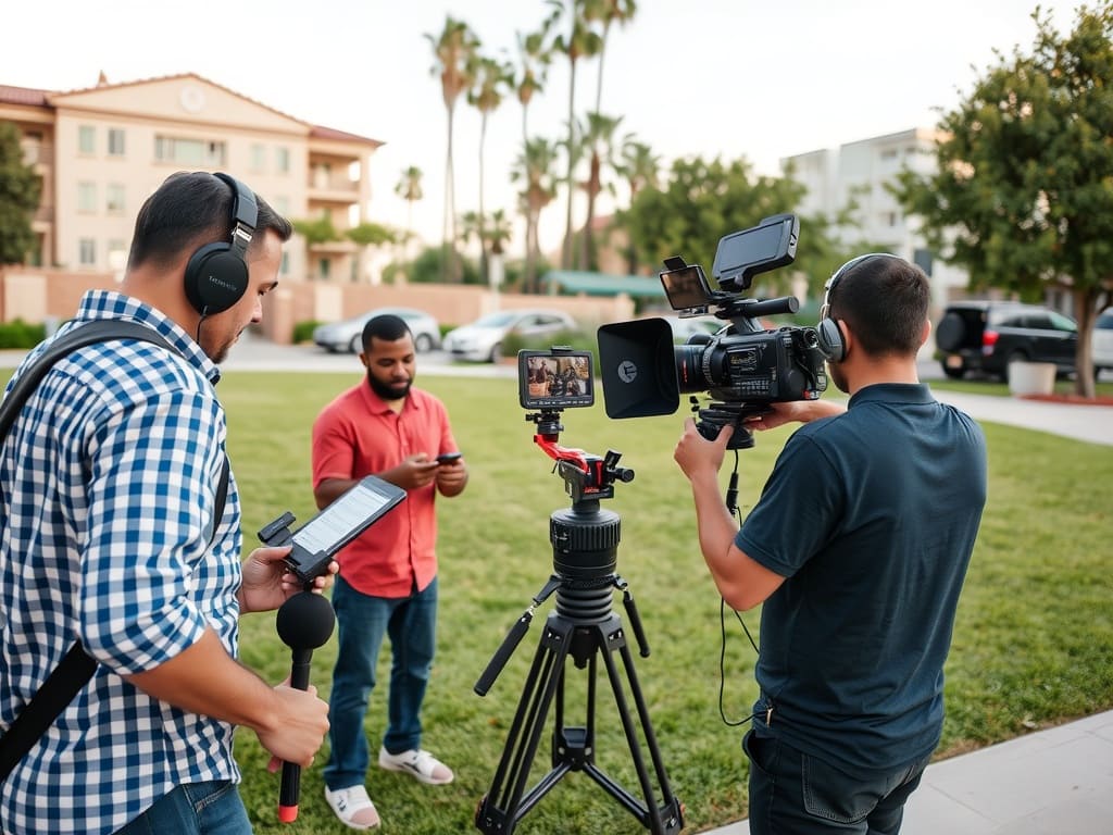 Professional video production crew filming on location