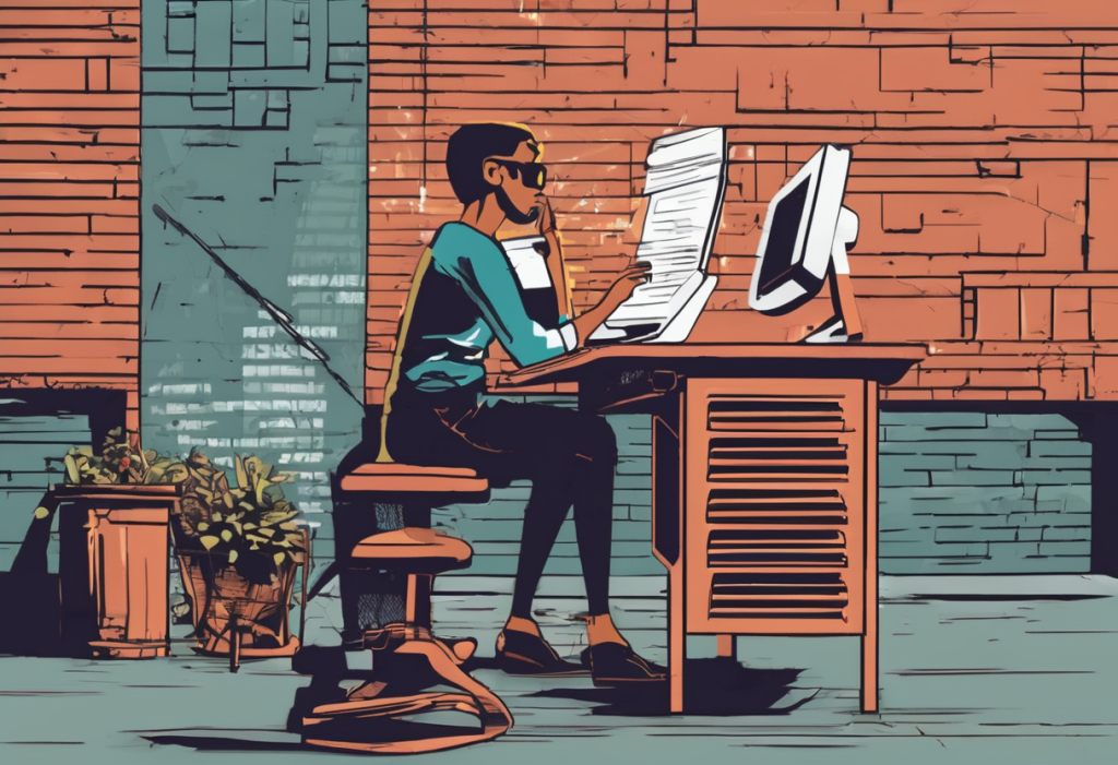 urban scene of guy on laptop reading on a device or book