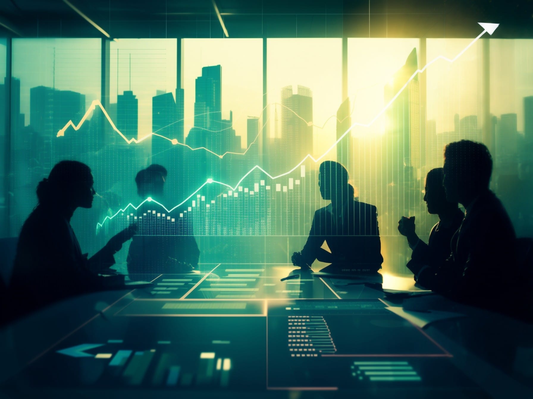 business team discussing seo and ai in 2025 with upward trending bar graph in the background